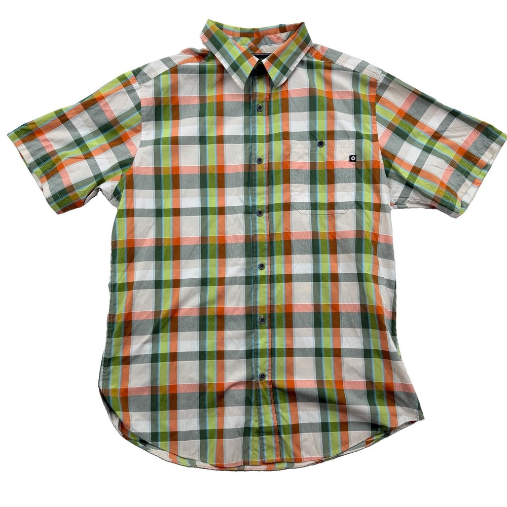 Marmot‎ Plaid Short Sleeve Button Up Shirt Mens Medium M Orange Green